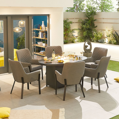 Genoa 6 Seat All Weather Fabric Aluminium Dining Set - Oval Gas Fire Pit Table in Ash Grey