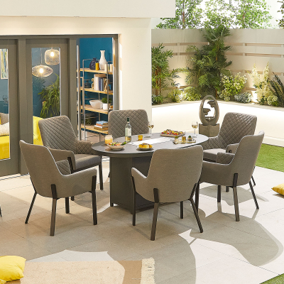 Genoa 6 Seat All Weather Fabric Aluminium Dining Set - Oval Gas Fire Pit Table in Ash Grey