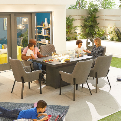 Genoa 6 Seat All Weather Fabric Aluminium Dining Set - Rectangular Gas Fire Pit Table in Ash Grey