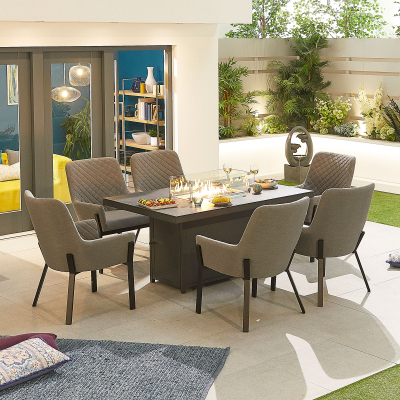 Genoa 6 Seat All Weather Fabric Aluminium Dining Set - Rectangular Gas Fire Pit Table in Ash Grey