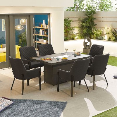 Genoa 6 Seat All Weather Fabric Aluminium Dining Set - Rectangular Gas Fire Pit Table in Charcoal Grey