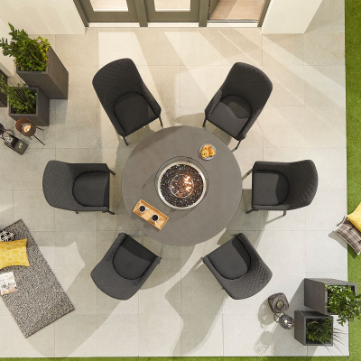 Genoa 6 Seat All Weather Fabric Aluminium Dining Set - Round Gas Fire Pit Table in Charcoal Grey