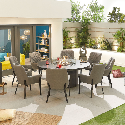 Genoa 8 Seat All Weather Fabric Aluminium Dining Set - Round Gas Fire Pit Table in Ash Grey