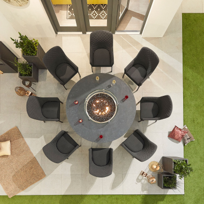 Genoa 8 Seat All Weather Fabric Aluminium Dining Set - Round Gas Fire Pit Table in Charcoal Grey