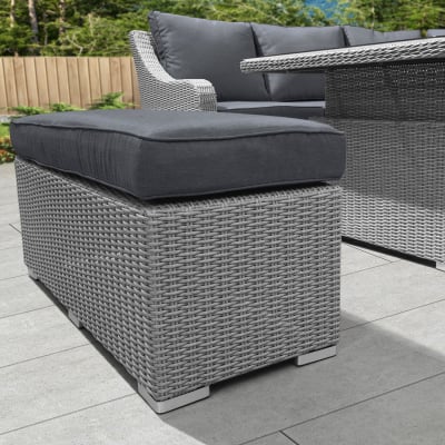 Harper Deluxe Corner Rattan Lounge Dining Set with Armchair and Stool - Square Gas Fire Pit Table in White Wash