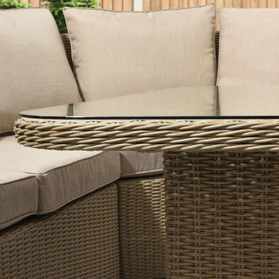 Harper Deluxe Corner Rattan Lounge Dining Set with Armchair and Stool - Square Gas Fire Pit Table in Willow