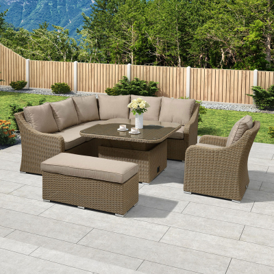 Harper Deluxe Corner Rattan Lounge Dining Set with Armchair and Stool - Square Rising Table in Willow