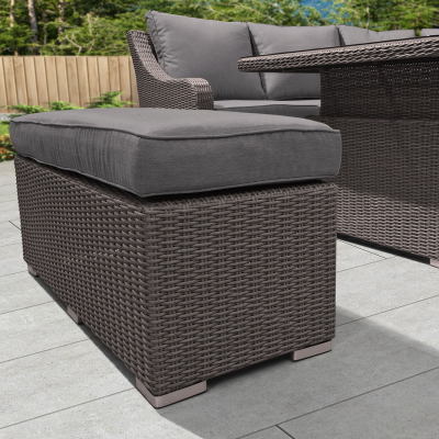 Harper Deluxe Corner Rattan Lounge Dining Set with Armchair and Stool - Square Gas Fire Pit Table in Slate Grey