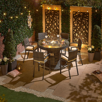 Henley 6 Seat Rattan Bar Set - Round Gas Fire Pit Table in Brown Rattan
