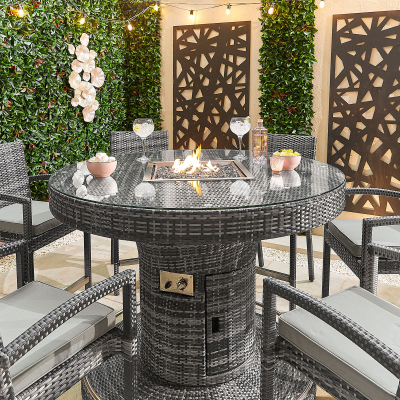 Henley 6 Seat Rattan Bar Set - Round Gas Fire Pit Table in Grey Rattan