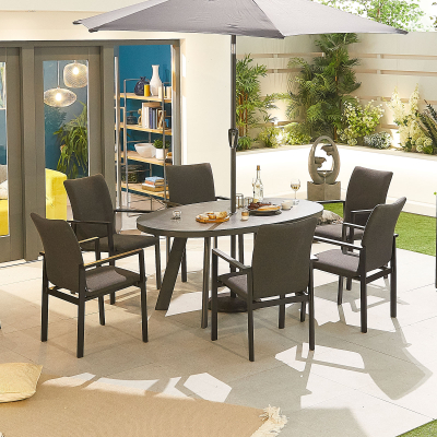 Hugo 6 Seat All Weather Fabric Aluminium Dining Set - Oval Table in Charcoal Grey