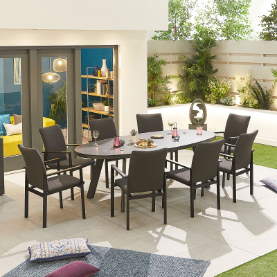 Hugo 8 Seat All Weather Fabric Aluminium Dining Set - Oval Table in Charcoal Grey