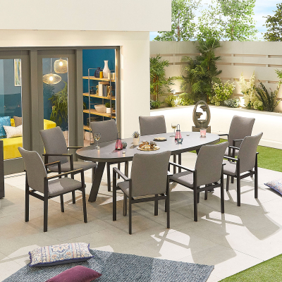 Hugo 8 Seat All Weather Fabric Aluminium Dining Set - Oval Table in Ash Grey