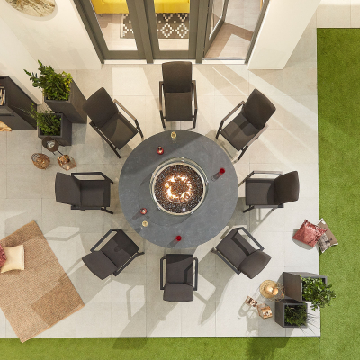 Hugo 8 Seat All Weather Fabric Aluminium Dining Set - Round Gas Fire Pit Table in Charcoal Grey