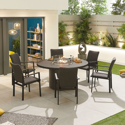 Hugo 6 Seat All Weather Fabric Aluminium Dining Set - Round Gas Fire Pit Table in Charcoal Grey