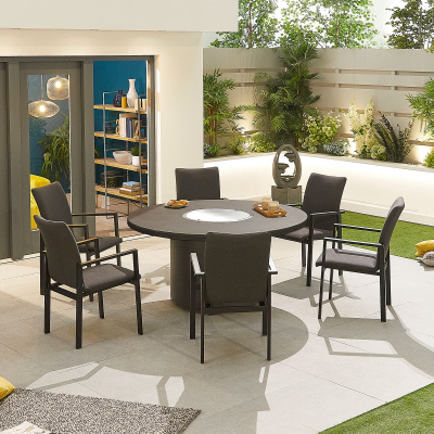 Hugo 6 Seat All Weather Fabric Aluminium Dining Set - Round Gas Fire Pit Table in Charcoal Grey
