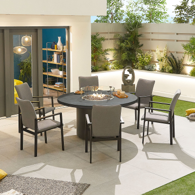 Hugo 6 Seat All Weather Fabric Aluminium Dining Set - Round Gas Fire Pit Table in Ash Grey