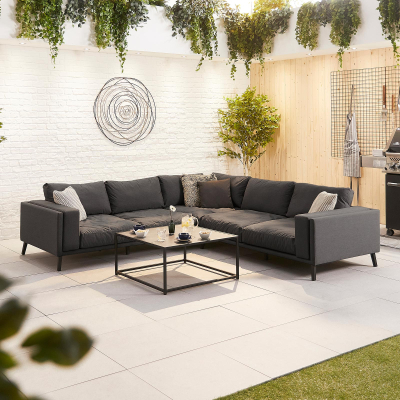 Infinity All Weather Fabric Aluminium Corner Sofa Lounging Set with Square Coffee Table & No Armchairs in Charcoal Grey