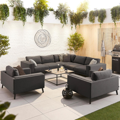Infinity All Weather Fabric Aluminium Corner Sofa Lounging Set with Square Coffee Table & 2 Armchairs in Charcoal Grey