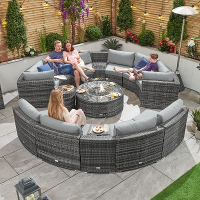 Kensington Rattan Grand Curved Sofa Lounging Set with Ice Buckets & Round Fire Pit Coffee Table in Grey Rattan