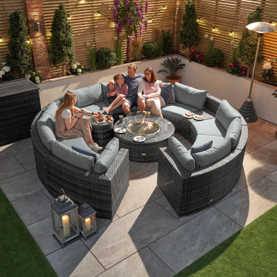 Kensington Rattan Grand Curved Sofa Lounging Set with Ice Buckets & Round Fire Pit Coffee Table in Grey Rattan