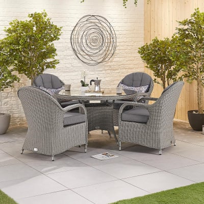 Leeanna 4 Seat Rattan Dining Set - Round Table in White Wash