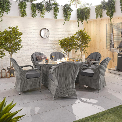 Leeanna 6 Seat Rattan Dining Set - Oval Gas Fire Pit Table in Slate Grey