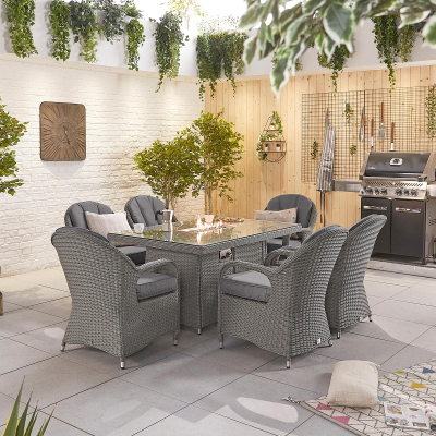 Leeanna 6 Seat Rattan Dining Set - Rectangular Gas Fire Pit Table in Slate Grey