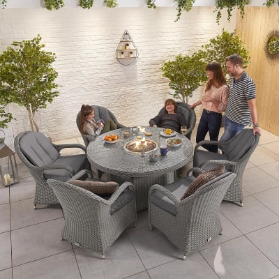 Leeanna 6 Seat Rattan Dining Set - Round Gas Fire Pit Table in Slate Grey