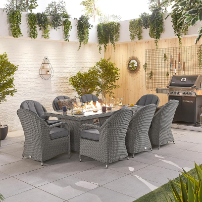 Leeanna 8 Seat Rattan Dining Set - Rectangular Gas Fire Pit Table in Slate Grey