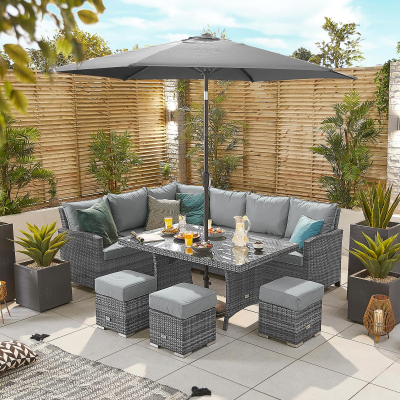 Cambridge L-Shaped Corner Rattan Lounge Dining Set with 3 Stools - Left Handed Parasol Hole Table in Grey Rattan
