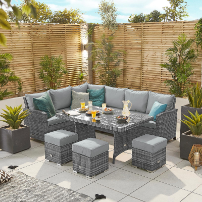 Cambridge L-Shaped Corner Rattan Lounge Dining Set with 3 Stools - Left Handed Parasol Hole Table in Grey Rattan