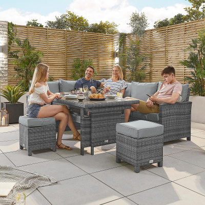 Cambridge L-Shaped Corner Rattan Lounge Dining Set with 3 Stools - Left Handed Add & Extending Table in Grey Rattan
