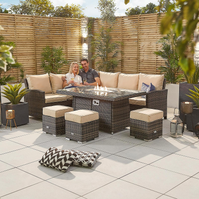 Cambridge L-Shaped Corner Rattan Lounge Dining Set with 3 Stools - Left Handed Gas Fire Pit Table in Brown Rattan