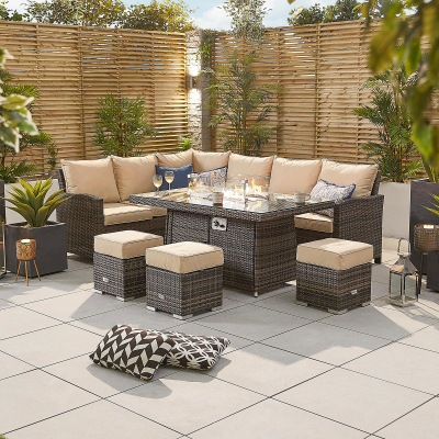 Cambridge L-Shaped Corner Rattan Lounge Dining Set with 3 Stools - Left Handed Gas Fire Pit Table in Brown Rattan