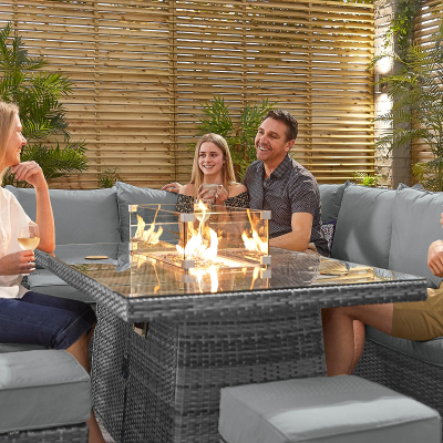 Cambridge L-Shaped Corner Rattan Lounge Dining Set with 3 Stools - Left Handed Gas Fire Pit Table in Grey Rattan