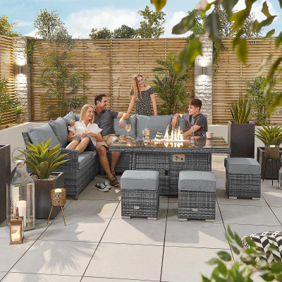 Cambridge L-Shaped Corner Rattan Lounge Dining Set with 3 Stools - Left Handed Gas Fire Pit Table in Grey Rattan