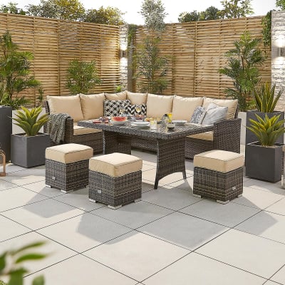Cambridge L-Shaped Corner Rattan Lounge Dining Set with 3 Stools - Left Handed Table in Brown Rattan
