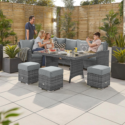 Cambridge L-Shaped Corner Rattan Lounge Dining Set with 3 Stools - Left Handed Table in Grey Rattan