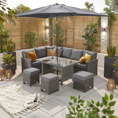 Ciara L-Shaped Corner Rattan Lounge Dining Set with 3 Stools - Left Handed Parasol Hole Table in Slate Grey