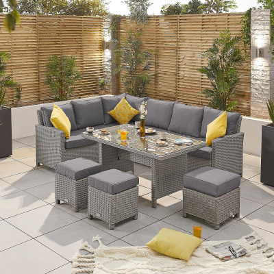 Ciara L-Shaped Corner Rattan Lounge Dining Set with 3 Stools - Left Handed Parasol Hole Table in White Wash