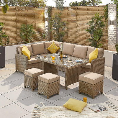 Ciara L-Shaped Corner Rattan Lounge Dining Set with 3 Stools - Left Handed Parasol Hole Table in Willow