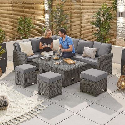 Ciara L-Shaped Corner Rattan Lounge Dining Set with 3 Stools - Left Handed Rising Table in Slate Grey
