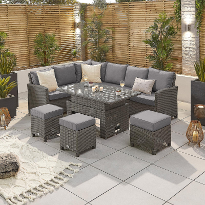 Ciara L-Shaped Corner Rattan Lounge Dining Set with 3 Stools - Left Handed Rising with Parasol Hole Table in Slate Grey