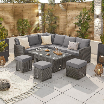 Ciara L-Shaped Corner Rattan Lounge Dining Set with 3 Stools - Left Handed Rising with Parasol Hole Table in Slate Grey