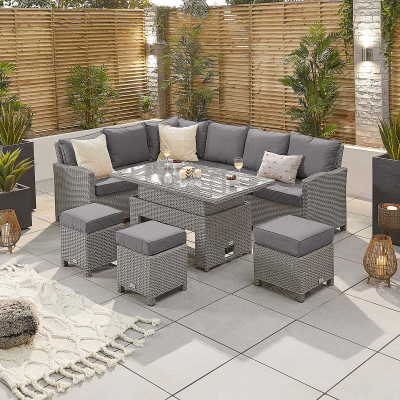 Ciara L-Shaped Corner Rattan Lounge Dining Set with 3 Stools - Left Handed Rising with Parasol Hole Table in White Wash