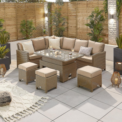 Ciara L-Shaped Corner Rattan Lounge Dining Set with 3 Stools - Left Handed Rising with Parasol Hole Table in Willow