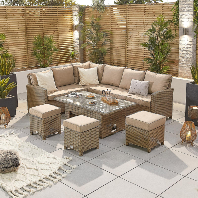 Ciara L-Shaped Corner Rattan Lounge Dining Set with 3 Stools - Left Handed Rising Table in Willow
