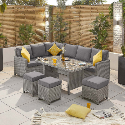 Ciara L-Shaped Corner Rattan Lounge Dining Set with 3 Stools - Left Handed Table in White Wash