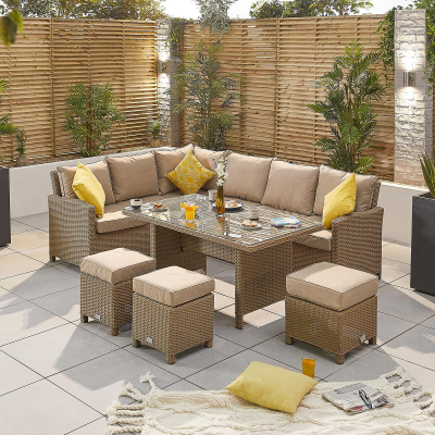 Ciara L-Shaped Corner Rattan Lounge Dining Set with 3 Stools - Left Handed Table in Willow